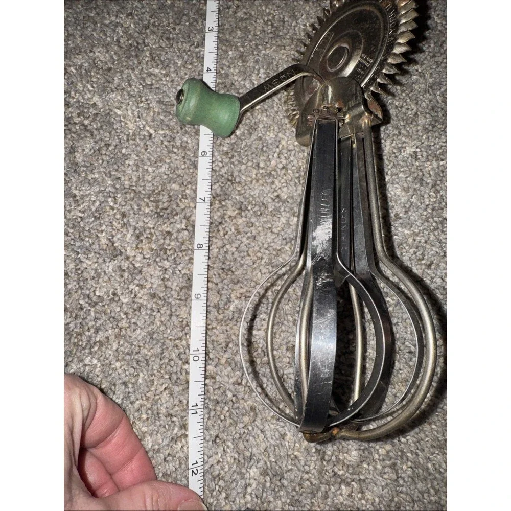 Vtg LADD Hand Crank Egg Beater Mixer Green Wood Handle Farmhouse Antique NY USA
